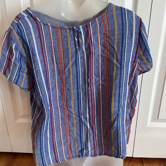 K.I.T Vertical Striped Stripe 100% Rayon Blue Front Tie Top Blouse Shirt XL - Picture 3 of 6